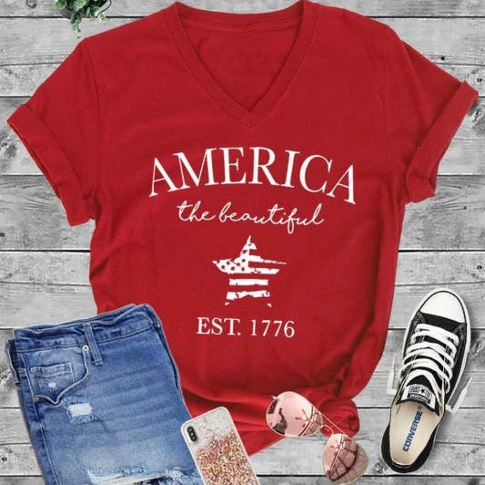 Red V-Neck Graphic Tee